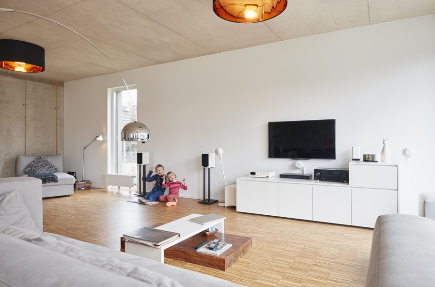 Boy and girl in modern living room